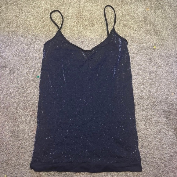 Black Glitter Shimmer Camisole V-Neck Spaghetti Strap Tank Top Womens - Picture 2 of 4